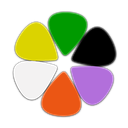 Proper Code Ltd company logo resembling six symmetrical guitar-pick-like shaped splines arranged in circle, from top clockwise having green, black, purple, red, white and yellow colour